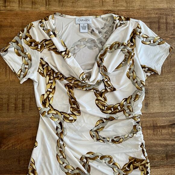 Carmen Marc Valvo Y2K Top Womens XS Chain Ruched Long Cowl Stretch Maximalist - Picture 9 of 13